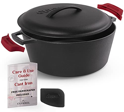 Cuisinel Cast Iron Dutch Oven - 7-Quart Deep Pot + Lid + Pan Scraper + Handle Covers - Large Pre-Seasoned Cooker for Baking Bread, Soup, Frying - Indoor/Outdoor Kitchen, Camping, Fire, BBQ Safe
