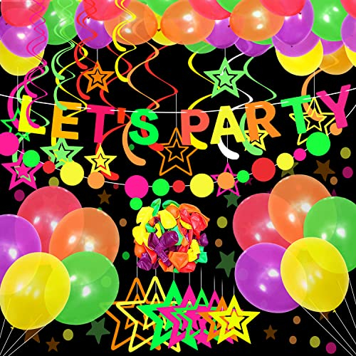 DASIAUTOEM Glow Neon Partyzubehör, Glühen Party Schwarzlicht Deko, 50 Fluoreszierend Luftballons Schwarzlicht Stern Glow Party Banner 10 Stern Hängen Wirbel für Schwarzlichtparty Geburtstag