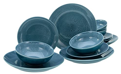 CreaTable, 23672, Serie Reactive BLUE, 12-teiliges Geschirrset für 4 Personen, Teller Set aus Steinzeug, spülmaschinen- und mikrowellengeeignet, Qualitätsproduktion