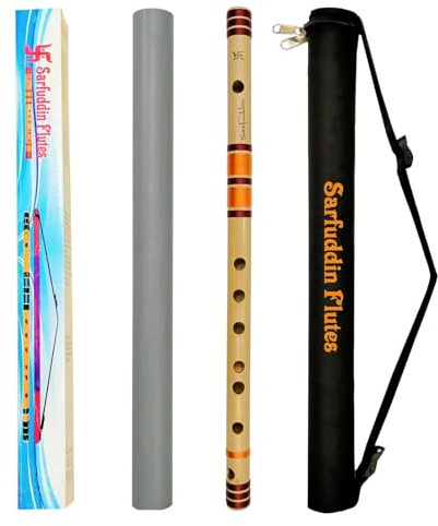 Sarfuddin Flutes C Natural Medium Bamboo Flute Bansuri Professional Tuned 440hz Size 19 Inches Brown And Orange Color Thread Combination With Black Carry Bag