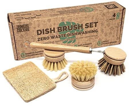 Jungle Culture® Set de 4 Cepillos para Lavar Platos Naturales • Eco Set de Cepillos y Esponja Limpiadora para Sartenes • Base de Plantas • Cepillos de Madera para Platos con 3 Cabezas de Repuesto