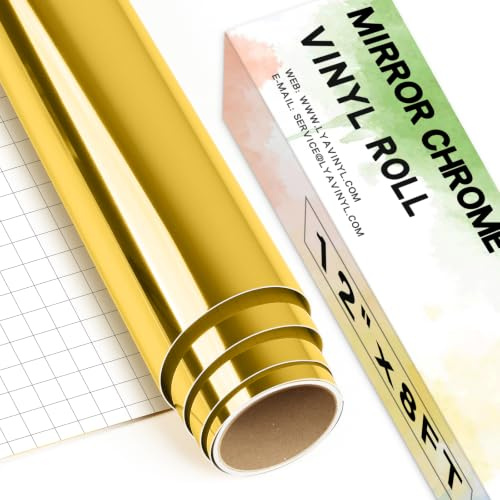 Chrome Mirror Permanent Vinyl Roll,12x 8ft Gold PET Self Adhesive Vinyl for Cricut, Silhouette Cameo, Gold Vinyl Roll for Decor Sticker, Party Decoration