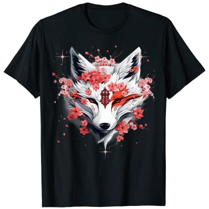 Kitsune Masque Renard Japonais Anime Kawaii Fleur Cerisier T-Shirt