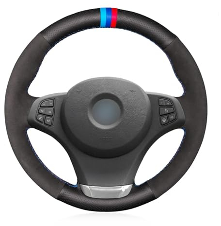 Handgenähter schwarzer Lenkradbezug aus Veloursleder, für BMW X3 E83 2003–2008 2009 2010 X5 E53 2003 2004 2005 2006 LightBlueThread
