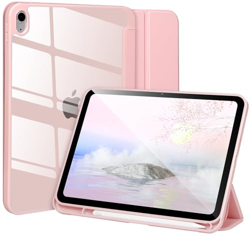 Custodia compatibile con iPad 10° Gen 2022 10.9'', custodia rigida trasparente antiurto con portapenne, custodia per tablet per iPad 10° Gen 10.9'' con funzione di spegnimento automatico, rosa