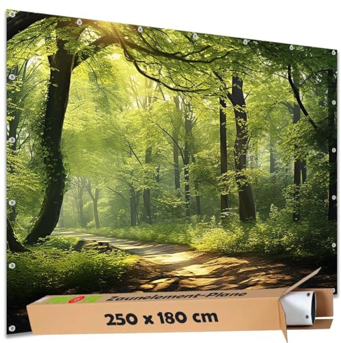 TRIOSK Sichtschutz Garten Deko Zaun Plane Blickdicht groß mit Zaunblende Motiv Wald Waldweg Baum Weg für Zaunelement Doppelstabmatten Stabmattenzaun Gartenzaun PVC 250x180 cm