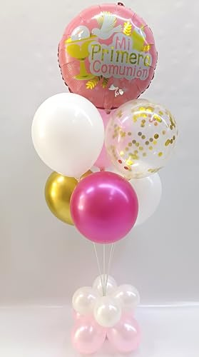 Centro de mesa para comunión reutilizable formado por globos de látex y poliamida especial para decoración de Comuniones.Tamaño 120 cm (Rosa)