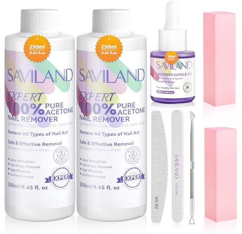 SAVILAND Plus Aceton UV Nagellackentferner Set: 2Pcs 250ML Gel Nagellackentferner Safe Removal gel Polish Remover mit Cuticle Oil Nail Removal Tool für Gel Nagellack Acryl Pulver Dip Powder Salon Home
