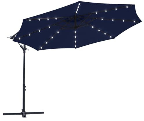 Blümme 3M Blue Cantilever Banana Parasol with LED Lights & Tilt Function for Outdoor Garden Sun Shade