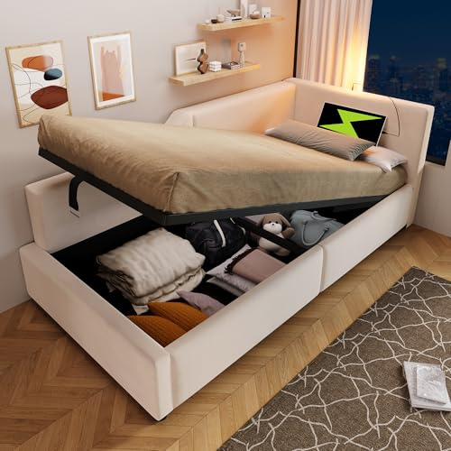 Schlafsofa mit Stauraum und Rahmen mit USB-C, 90 x 190 cm, gepolstert, mit Lattenrost, Ottomane für Kinder aus Holz mit Leselampe – Beige (ohne Matratze)