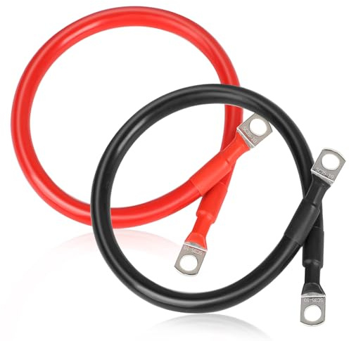 SWAWIS 2 Pièces Cable Batterie Voiture M10 50cm 35mm² 12V/24V | Liaison de masse avec bornes annulaires, lot noir + rouge, pour moto, installation solaire et véhicule, connexion stable