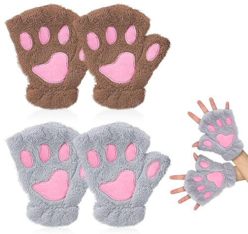 EUPSIIU 2 stycken vinterhandskar, katt tass fingerlösa handskar, plysch lejon tass handskar, varma vinterhandskar handskar, cosplay handskar för dam och flickor, Khaki, grå, Taglia unica