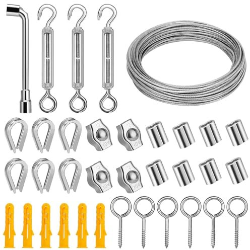 35PCS Wire Rope Kit, 20m Stainless Steel Wire Rope, 3 Pcs M4 Turnbuckles Tensioner for Climbing Plant, Picture Wire, Fencing