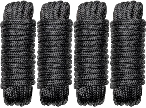 Boat Dock Lines Marine Rope - 1/2 x 15ft with Pre-Spliced 12 Loop Double Braided Nylon Ropes Bumper Tie Mooring Line for Boats Docking Pontoon Boating Accessories - 4 Pack Black