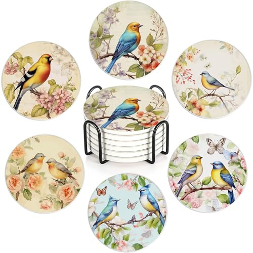 Vintage Watercolor Bird Flower Drink Coasters with Holder,Ceramic Coasters for Tables, Cork Backed Drink Mats for Coffee/Wine,Kitchen & Office Accessories