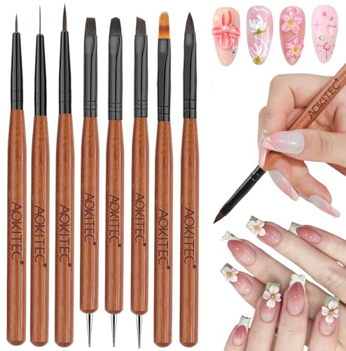 Aokitec Nail Art Brushes Set: 8Pcs Nail Art Painting Tools with Nail Art Fine Liner Brush, Nail Design Painting Brushes, Builder Gel Brush, Nail Dotting Pen for Gel Polish Manicure Salon DIY, Wooden