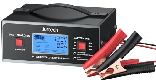 Justech 6/8/12/14/16/24V Battery Charger Automotive Smart Car Battery Charger and Maintainer 0-10A Fully Automatic with Cable Clamps