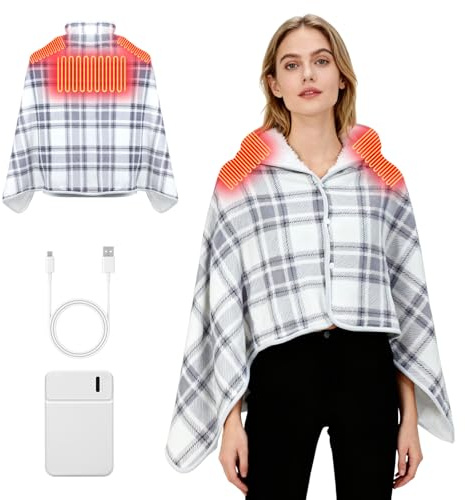 Gkstly Plaid Riscaldato USB Portatile con Batteria 10000mAh, Sciarpa Termica Extra Large con 3 Livelli di Temperatura, Coperta Riscaldabile Indossabile Poncho Mantella con Chiusura a Bottone