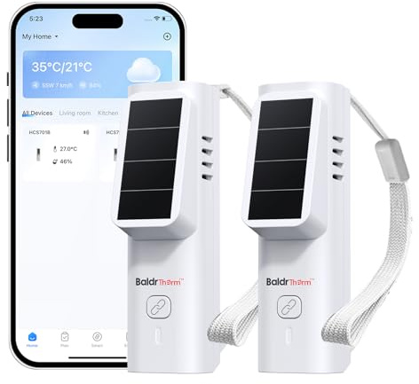 BaldrTherm Solar Bluetooth Temperature & Humidity Monitor, Wireless Thermometer with Date Storage, Real-Time Alerts, 262 Feet Connecting Range, Apply for Room Greenhouse, Pet Cages, 2pack