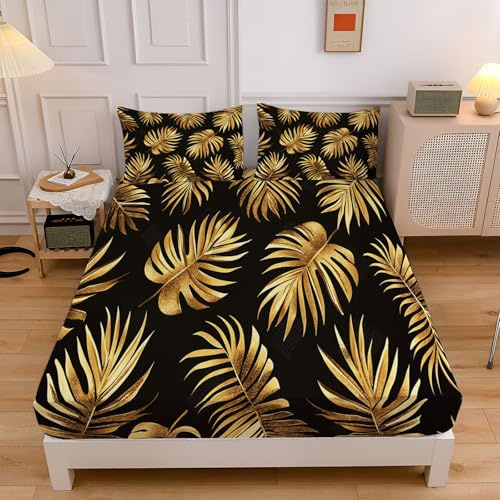 Easy Care Deep Fitted Sheets 4FT-Small Double Bed (30 cm), Breathable Lightweight Tropical Leaves Golden Monstera Leaves Bed Sheet,Microfiber Elasticated Corner Bedding 120x190cm Fitted Sheet Black