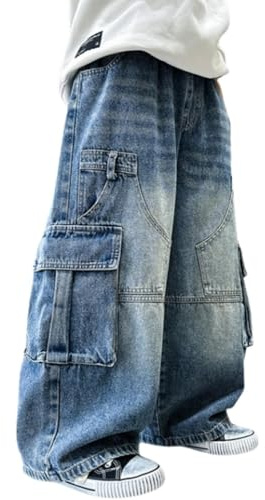 Jeans Larghi per Ragazzi, Pantaloni Cargo per Adolescenti, Pantaloni Larghi in Denim con Tasche, Y2K, Vita Elastica Bambini