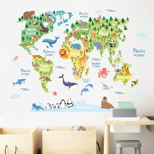 fufuquare Bunte Karikatur Tier Welt Karte Wandaufkleber, Pädagogische Lernen Sehenswürdigkeiten Wandtattoos für Kinderzimmer Schlafzimmer Wohnzimmer Klassenzimmer