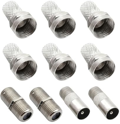 ChainYao 6 Pack Waterproof F Type Connectors for RG6 Coaxial Cable, Nickel Plated Twist On Aerial Plugs, for Satellite TV Sky HD Sky Q Freesat Virgin Media, Indoor Outdoor Use, Silver