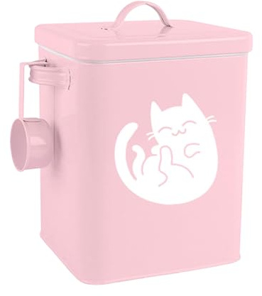Pet Food Storage Container Dog Cat Puppy Treats Food Dispenser with Scoop,Pantry Cute Airtight Metal Cat Food Bin,Storage Canister Tins for Cats Dogs Birds (Pink)