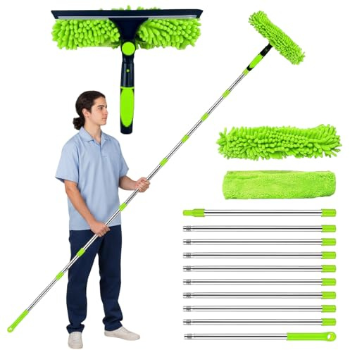 Window Cleaning Equipment, XRCHAA 4.2m Extendable Window Cleaning Pole With Telescopic Long Handle 10 Pole Window Squeegee Cleaner Kit For Indoor/Outdoor High Window, Wall, Car, Home,RV (Green)