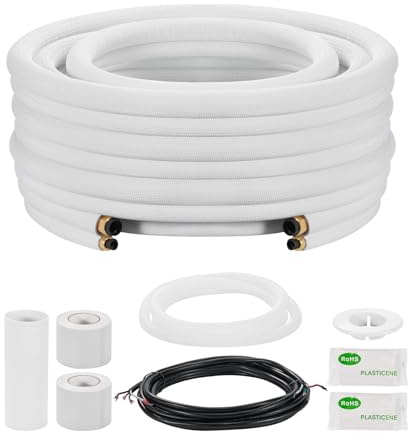 VEVOR Juego de Conducto Refrigerante de Cobre Largo de 7,62 m, Tubo de Cobre Aislado 9,5 mm 15,9 mm para Sistema de Mini-split de Aire Acondicionado, Tubo de Bobina Aislante de PE Espesor de 9,5 mm