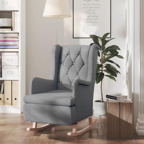 Yunovire Schaukelsessel Hellgrau Stoff, Massivholz Kautschukholz-Beine, 65x91x100 cm, Bequemer Relaxsessel für Wohnzimmer, Schlafzimmer, Erwachsene, Modernes Design