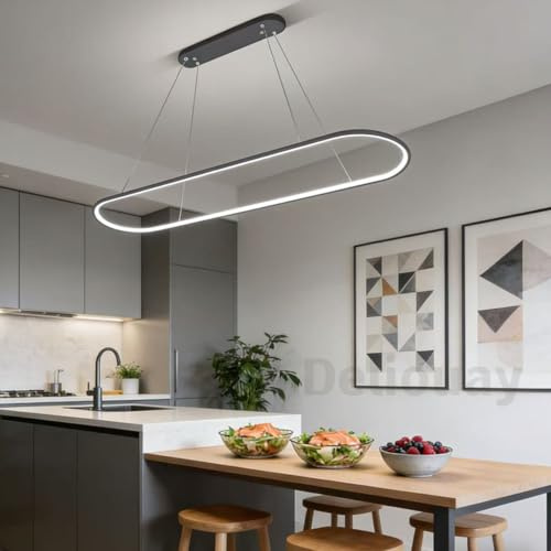 Oval LED Pendelleuchte esstisch Dimmbar, Moderne Linear design Hängeleuchte, Esstischlampe Hängelampe mit Fernbedienung Pendellampe Höhenverstellbare für Küche Wohnzimmer Büro (Schwarz, L70cm)