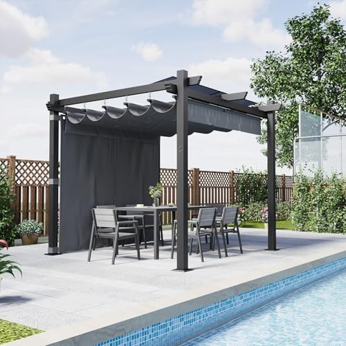 Devoko Aluminium Pergola mit Schiebedach, Verstellbarer Schattenfläche, UV-Schutz 50+, Pavillon 3x3 wasserdicht stabil Winterfest, Grillpavillon Metall für Gärten und Terrassen, Grau.