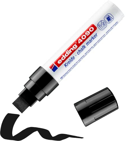 edding 4090 Kreidemarker - schwarz - 1 Kreidestift - Keilspitze 4-15 mm - breiter Kreidestift für Tafel abwischbar - zum Beschriften von Fenster, Glas, Spiegel - Tafelstift mit deckenden Farben