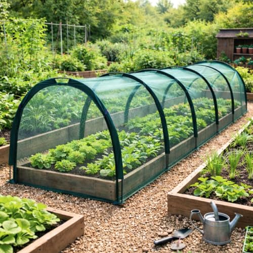 GardenSkill Pflanztunnel Gewächshaus 500x100cm | Netz Garten Insektennetz Pflanzenschutzzelt Tomatenhaus für Hochbeet Blumen Pflanzen Gemüse | 4 Tür, Inklusive Abspannseilen, Wetterfest, Tragbar
