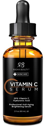 Radha Beauty Natural Vitamin C Serum 2oz, Vitamin C, Vitamin E, Hyaluronic Acid and Aloe, Facial Serum for Anti-Aging Wrinkles, Dark Spots, Fine Lines