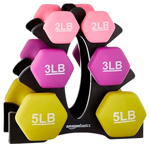Amazon Basics Neoprene Dumbbell Hand Weights with Stand, Rack with 3 Pairs (2, 3, and 5 pound), Non-Slip Hexagon, Pink/Purple/Green