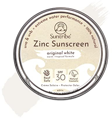 Protector Solar Natural Mineral Zinc FPS 30 Suntribe - 45 g, Blanco Original, Ecológico - 100% Natural, Seguro para Arrecifes - Surf & Deporte - Filtro UV Mineral - Muy Resistente al Agua