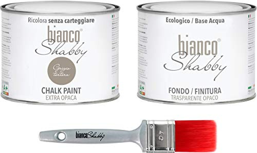 CHALK PAINT Grigio Tortora & FINITURA + PENNELLO - Pittura Shabby Chic EXTRA OPACA (500 ml) + Finitura Trasparente Opaco (500 ml) + 1 Pennello Pro 40 mm