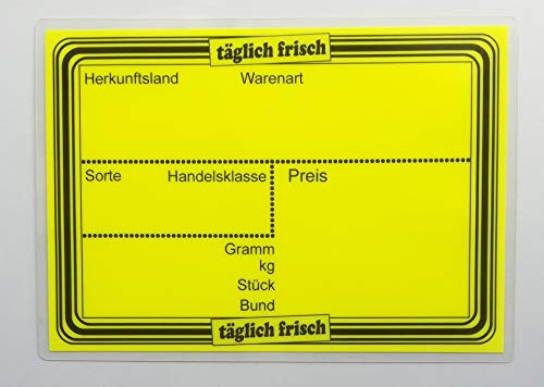 20 laminierte Preisschilder 80 x 111 mm leuchtgelb für Obst und Gemüse mit Aufdruck Werbesymbole