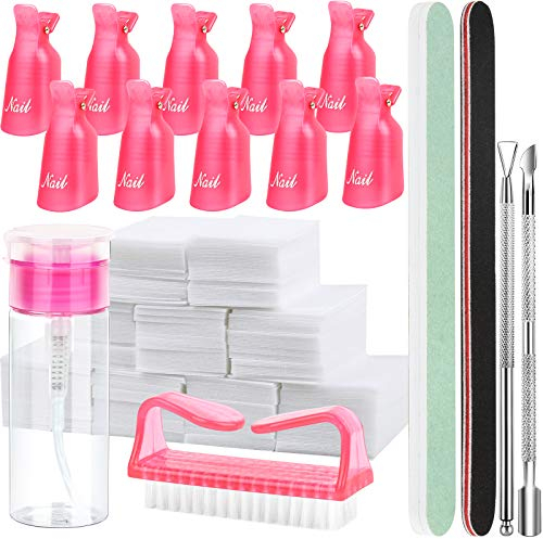 FANDAMEI Nagellackentferner Werkzeuge Set, Nagel Clips Kappen Rosa, 500 Stk. Wattepads für Gelnägel, Nagelhautschieber Edelstahl, 2 Stk. Nagelfeile, Rosa Nagelbürste, 100ML Leere Pump Spenderflasche