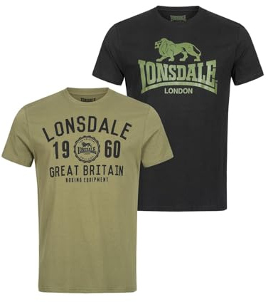 Lonsdale Hombre BANGOR Double Pack Camiseta, Black/Olive, XXXL