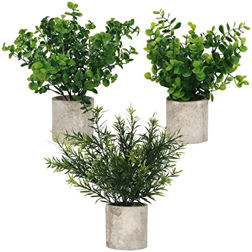 BELLE VOUS Mini Plantes d’Eucalyptus Artificiel en Pot (Lot de 3) - Petites Fausses Plantes en Plastique en Pots - Plantes Artificielles Interieur pour Bureau, Maison, Cuisine, Table et Salle de Bain