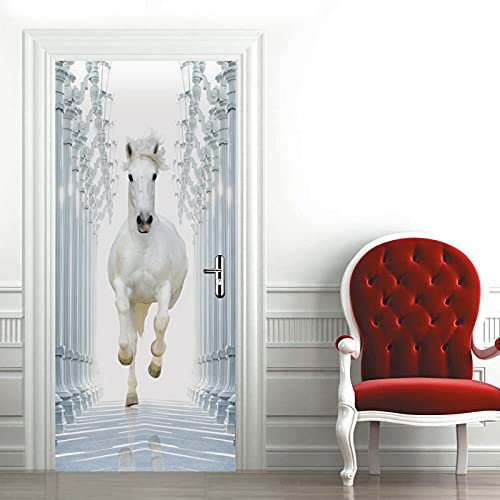 A.Monamour Türtapete Selbstklebend Türfolie Türposter 3D Weißes Pferd Läuft Im Flur Vinyl Folie Türdeko Tapete Wandbild Türaufkleber Türtattoo 90 x 200 cm