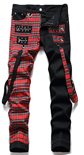 Männer Punk Jeans Trendy Schottland Plaid Denim Hosen Streetwear Niet Patchwork Verstärktes Dünne Gerade Hosen,Black red,34