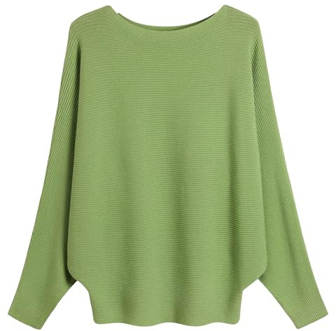 FULIER Boat Neck Batwing Sleeves Dolman Knitted Sweaters and Pullovers Tops for Women One Size (Avocado Green)