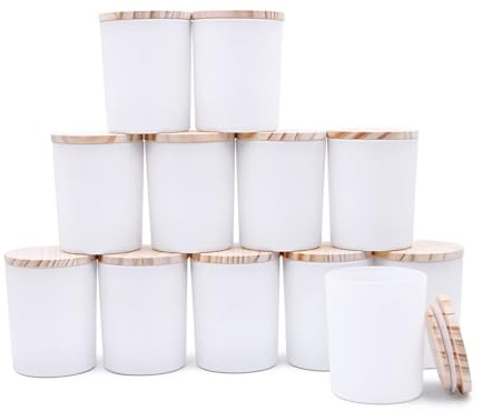 SHOWIN Thick Candle Jars for Making Candles 12 Pcs, 7 OZ Empty Jars with Wood Lids for Candle Making, Sample Container, Matte White