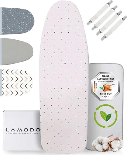 lamodo® - Bügelbrettbezug (115x30 cm) - Bügelbezug aus 100% Baumwolle - Dampfbügelgeeignet - Extra Dicke Polsterung + Gummizug und Spanner