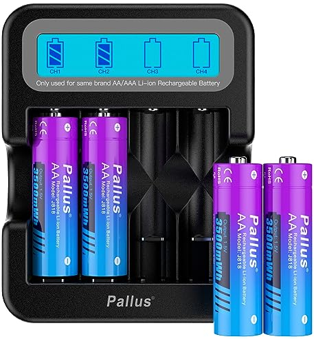 Pallus Batteria Ricaricabile Al Litio AA Da 1,5V, 3500mWh Ad Alta Capacità Con 1600 Cicli, 4 Batterie Al Litio AA Con Caricabatterie LCD Nero