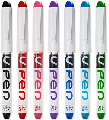 PILOT V PEN - Erasable Disposable Fountain Pen - 0.6mm Nib Tip - Medium Line - Pack of 7 - Black, Red, Pink, Violet, Blue, Peacock & Green